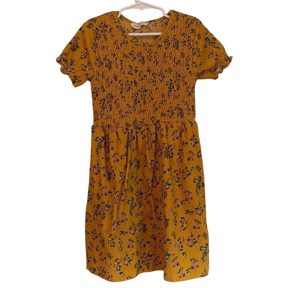 Zara Kids Girls Mustard Yellow Floral Smocked Bodice Dress Size 8 128cm